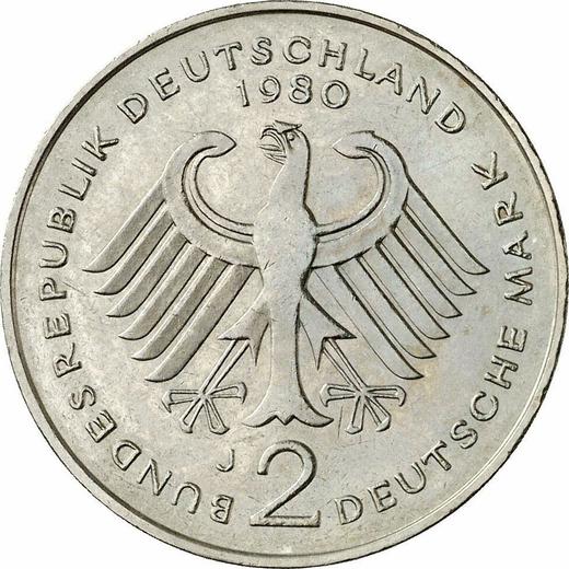 Reverso 2 marcos 1980 J "Kurt Schumacher" - valor de la moneda  - Alemania, RFA