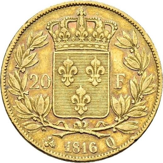 Reverse 20 Francs 1816 Q "Type 1816-1824" Perpignan - France, Louis XVIII