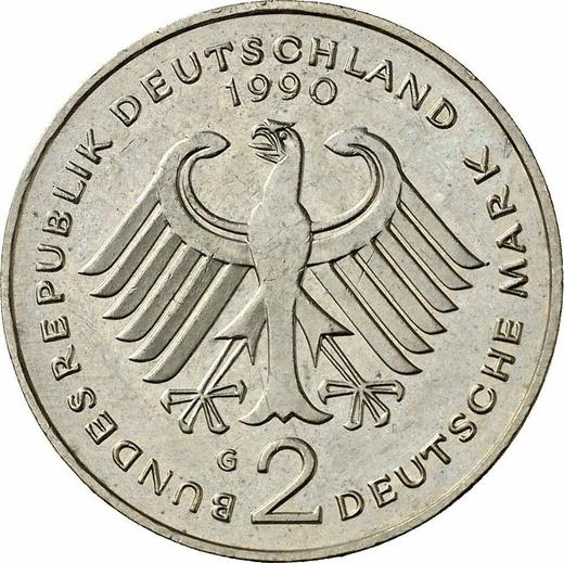Reverse 2 Mark 1990 G "Kurt Schumacher" -  Coin Value - Germany, FRG