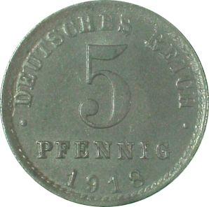 Anverso 5 Pfennige 1918 A "Tipo 1915-1922" - valor de la moneda  - Alemania, Imperio alemán