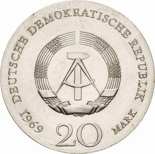 Реверс монеты - 20 марок 1969 года "Гёте" Гурт гладкий - цена серебряной монеты - Германия, ГДР