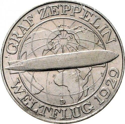 Rewers monety - 3 reichsmark 1930 D "Zeppelin" - cena srebrnej monety - Niemcy, Republika Weimarska