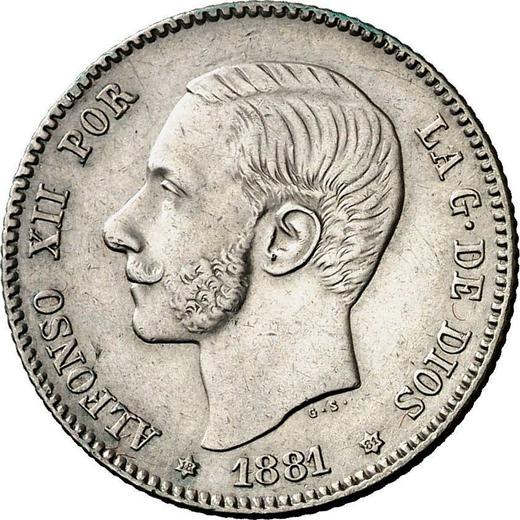 Аверс монеты - 1 песета 1881 года MSM - цена серебряной монеты - Испания, Альфонсо XII