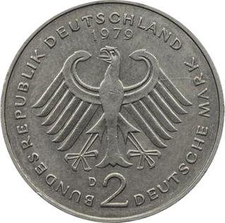 Rewers monety - 2 marki 1979 D "Theodor Heuss" - cena  monety - Niemcy, RFN