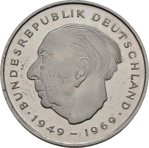Аверс монеты - 2 марки 1970-1987 года "Теодор Хойс" Поворот штемпеля - цена  монеты - Германия, ФРГ