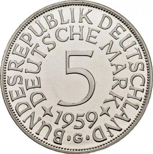 Аверс монеты - 5 марок 1959 года G - цена серебряной монеты - Германия, ФРГ