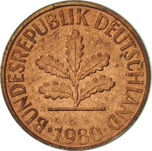 Реверс монеты - 2 пфеннига 1980 года F - цена  монеты - Германия, ФРГ