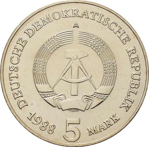 Реверс монеты - 5 марок 1988 года A "Бранденбургские Ворота" - цена  монеты - Германия, ГДР