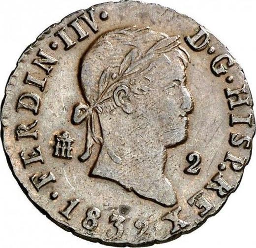 Аверс монеты - 2 мараведи 1832 года Надпись "FERDIN IIV" - цена  монеты - Испания, Фердинанд VII