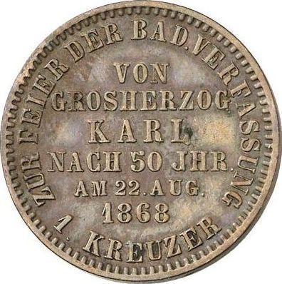 Reverso 1 Kreuzer 1868 "Constitutción" - valor de la moneda  - Baden, Federico I