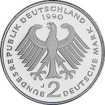 Reverse 2 Mark 1990 J "Franz Josef Strauss" -  Coin Value - Germany, FRG