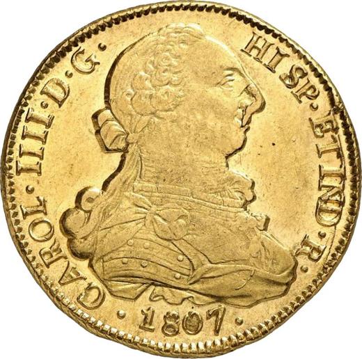 Awers monety - 8 escudo 1807 So FJ - cena złotej monety - Chile, Karol IV