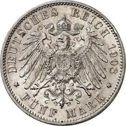 Reverso 5 marcos 1908 F "Würtenberg" - valor de la moneda de plata - Alemania, Imperio alemán