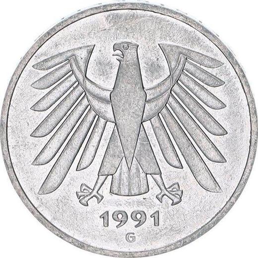 Реверс монеты - 5 марок 1991 года G - цена  монеты - Германия, ФРГ