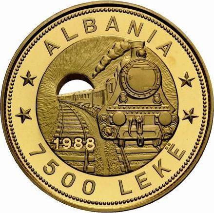 Аверс монеты - 7500 леков 1988 года "Железная дорога" - цена золотой монеты - Албания, Народная Республика
