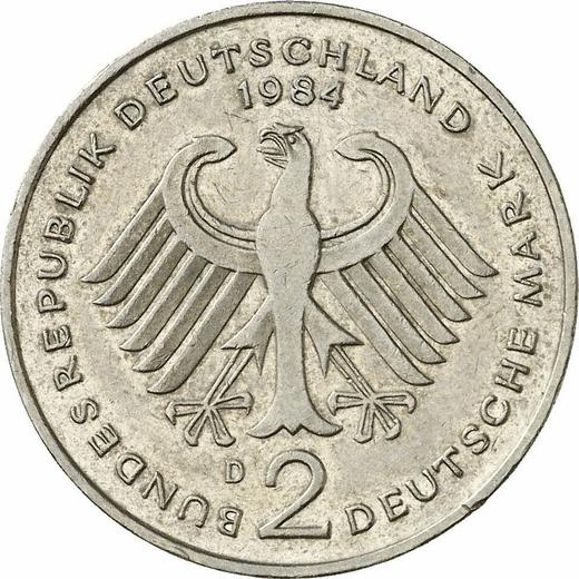 Reverse 2 Mark 1984 D "Konrad Adenauer" -  Coin Value - Germany, FRG