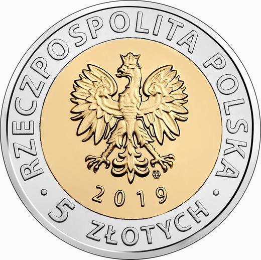 Anverso 5 eslotis 2019 "Montículo de la Liberación" - valor de la moneda  - Polonia, República moderna