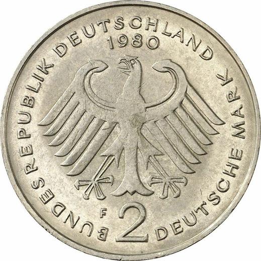 Reverse 2 Mark 1980 F "Konrad Adenauer" -  Coin Value - Germany, FRG