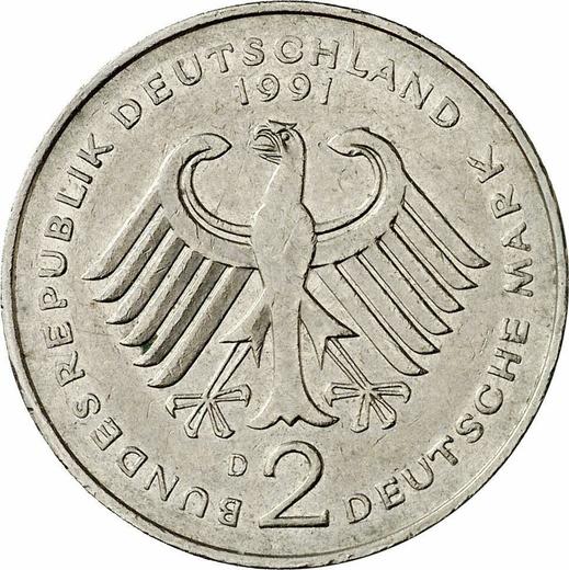 Reverse 2 Mark 1991 D "Franz Josef Strauss" -  Coin Value - Germany, FRG