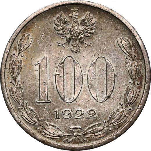 Аверс монеты - Пробные 100 марок 1922 года "Юзеф Пилсудский" Серебро - цена серебряной монеты - Польша, II Республика