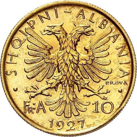Reverso Pruebas 10 franga ari 1927 R Inscripción PROVA - valor de la moneda de oro - Albania, Zog I