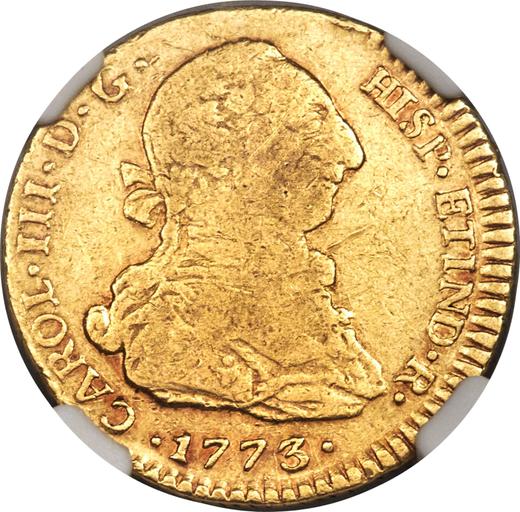 Аверс монеты - 2 эскудо 1773 года So DA - цена золотой монеты - Чили, Карл III