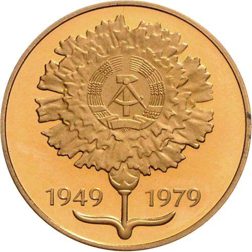 Anverso Pruebas 20 marcos 1979 "30 aniversario de la RDA" Clavel Latón dorado - valor de la moneda  - Alemania, República Democrática Alemana (RDA)
