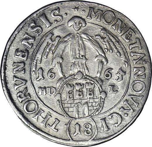 Rewers monety - Ort (18 groszy) 1665 HDL "Toruń" - cena srebrnej monety - Polska, Jan II Kazimierz