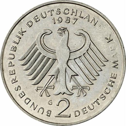 Reverso 2 marcos 1987 G "Kurt Schumacher" - valor de la moneda  - Alemania, RFA
