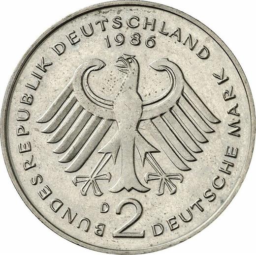 Reverso 2 marcos 1986 D "Konrad Adenauer" - valor de la moneda  - Alemania, RFA