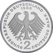 Reverso 2 marcos 1988 F "Ludwig Erhard" - valor de la moneda  - Alemania, RFA