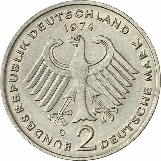 Reverso 2 marcos 1974 D "Konrad Adenauer" - valor de la moneda  - Alemania, RFA