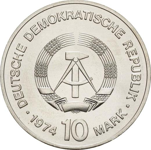 Reverso 10 marcos 1974 "25 aniversario de la RDA" Vista de la ciudad - valor de la moneda de plata - Alemania, República Democrática Alemana (RDA)