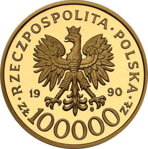 Anverso 100000 eslotis 1990 MW "10 aniversario de la fundación de Solidaridad" - valor de la moneda de oro - Polonia, República moderna