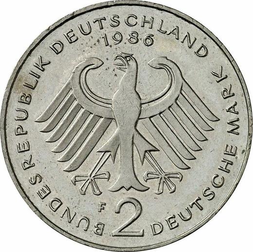 Reverso 2 marcos 1986 F "Kurt Schumacher" - valor de la moneda  - Alemania, RFA