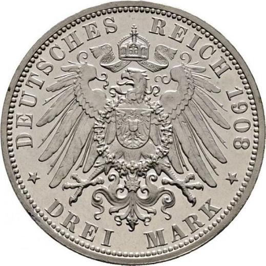 Reverso 3 marcos 1908 J "Hamburg" - valor de la moneda de plata - Alemania, Imperio alemán