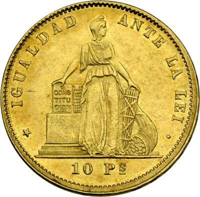 Аверс монеты - 10 песо 1879 года So - цена  монеты - Чили, Республика
