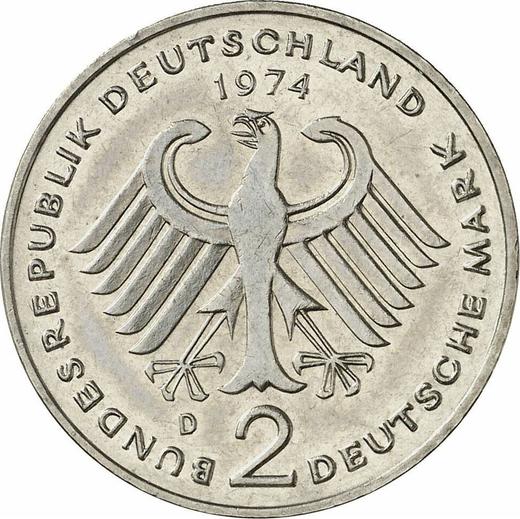 Реверс монеты - 2 марки 1974 года D "Теодор Хойс" - цена  монеты - Германия, ФРГ