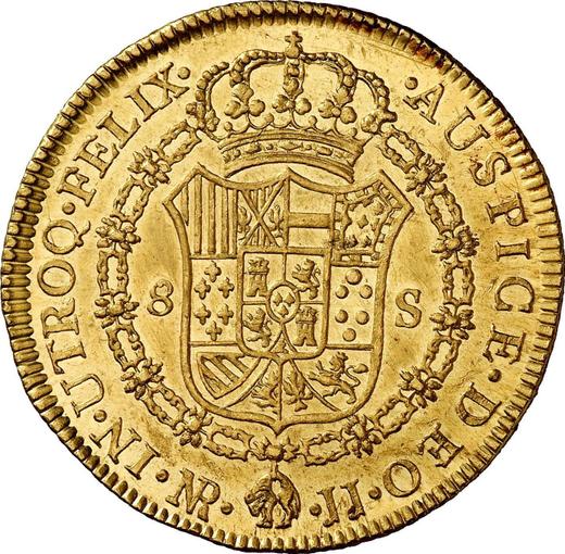 Реверс монеты - 8 эскудо 1775 года NR JJ - цена золотой монеты - Колумбия, Карл III