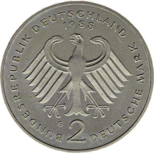 Reverse 2 Mark 1988 G "Ludwig Erhard" -  Coin Value - Germany, FRG