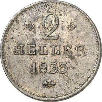 Реверс монеты - 2 геллера 1833 года - цена  монеты - Гессен-Кассель, Вильгельм II