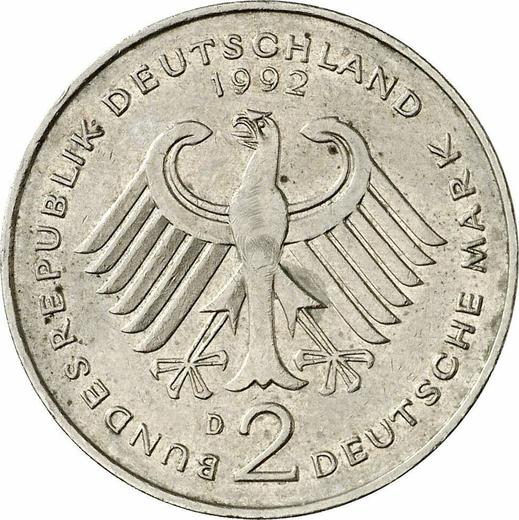 Reverso 2 marcos 1992 D "Franz Josef Strauß" - valor de la moneda  - Alemania, RFA