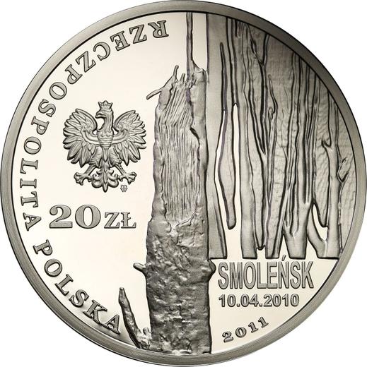 Anverso 20 eslotis 2011 MW "En memoria de las víctimas de la catástrofe aérea de Smolensk" - valor de la moneda de plata - Polonia, República moderna