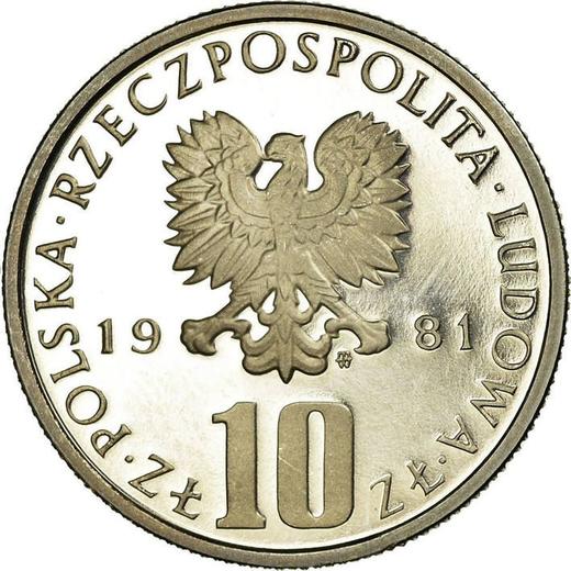 Anverso 10 eslotis 1981 MW "Centenario de la muerte de Bolesław Prus" - valor de la moneda  - Polonia, República Popular