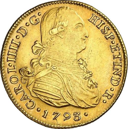Awers monety - 8 escudo 1793 IJ - cena złotej monety - Peru, Karol IV