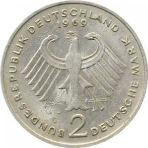 Реверс монеты - 2 марки 1969 года G "Аденауэр" - цена  монеты - Германия, ФРГ