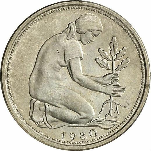 Реверс монеты - 50 пфеннигов 1980 года J - цена  монеты - Германия, ФРГ