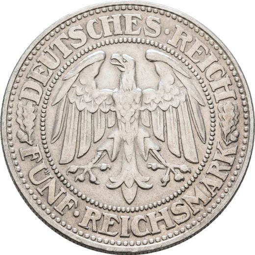 Аверс монеты - 5 рейхсмарок 1927 года D "Дуб" - цена серебряной монеты - Германия, Bеймарская республика