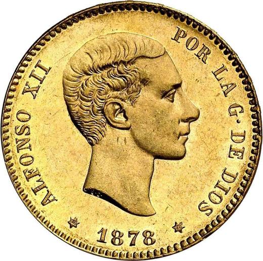 Аверс монеты - 25 песет 1878 года EMM - цена золотой монеты - Испания, Альфонсо XII