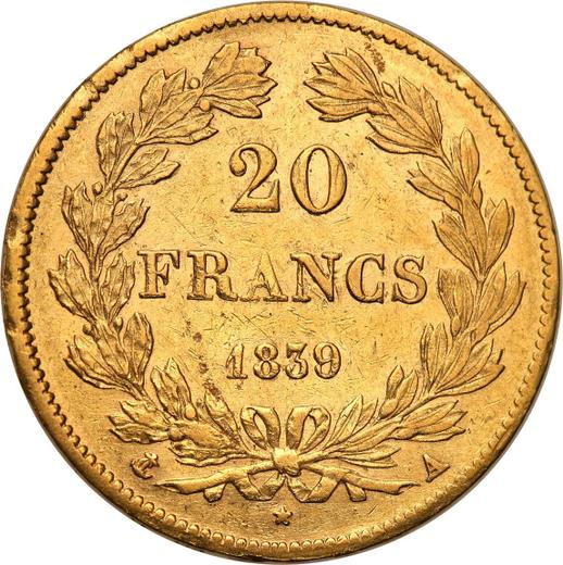 Reverso 20 francos 1839 A "Tipo 1832-1848" París - valor de la moneda de oro - Francia, Luis Felipe I